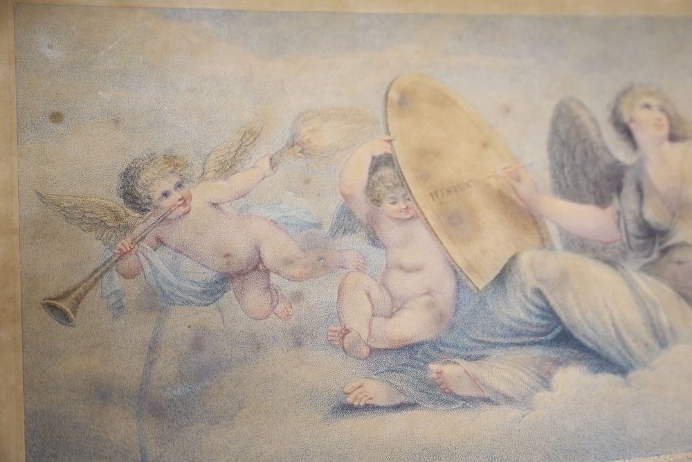 After Bartolozzi, stipple engraving, Angel and cherubs, 24 x 49cm, unframed